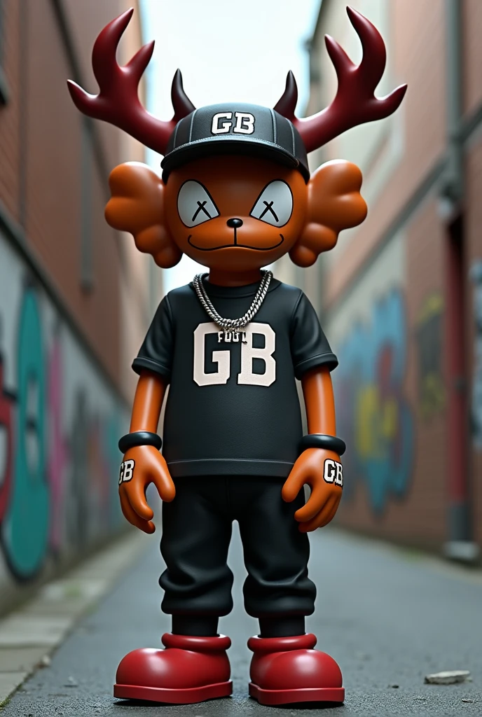 A 3D render art toy of GB streetwear clothing brand. The art toy is buck whit kaws-style design, whit white eyes, spike horns. The buck is wearing a GB hat, a necklace, and hip-hop style clothing. The background is a gritty urban setting with graffiti. agressive toy style.