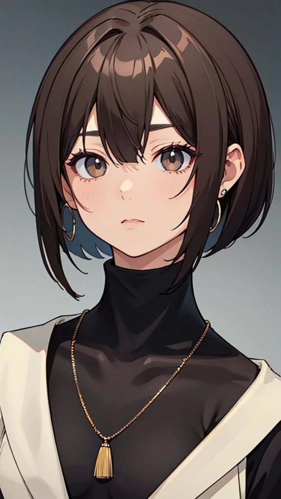 Korean adult woman, medium-length brown hair, bob haircut, grunge, aesthetic, black turtleneck, necklaces, hoop earrings, 1, neutral expression, calm, expressionless