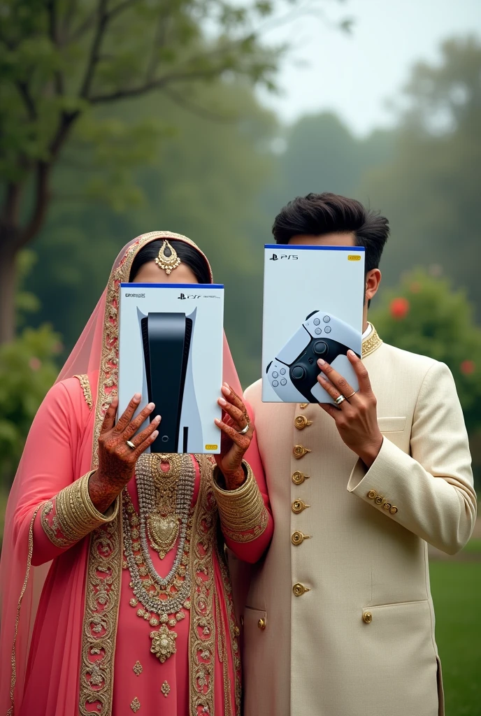 Create a realise image of boxed PS5, it should be on a hand on groom's. And there must be a ring on the ring finger of the groom. Keep the bride on the image. Bride should wear pakistani weeding suite. Groom should wear light sherwani, pakishtani style. Bride should be over weight. Image should be on a out door wedding. The groom and bride should show the bix of ps 5 infront of there face, just like hiding the face.