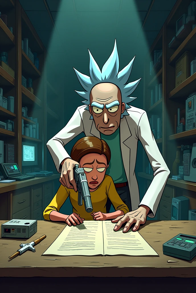 create an illustration of moment from a scene where morty is working on some invasion and rick behind him pointing a gun to his head to finish the project
