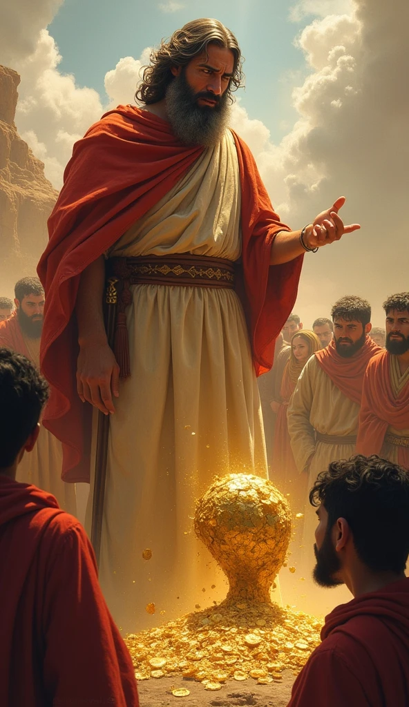 Moses' Reaction to Seeing the Calf Capture the moment Moses comes down from the mountain and sees the worship of the golden calf. Show your anger and despair by breaking the tablets of the Law. The contrast between his fury and the people's celebration should be evident..