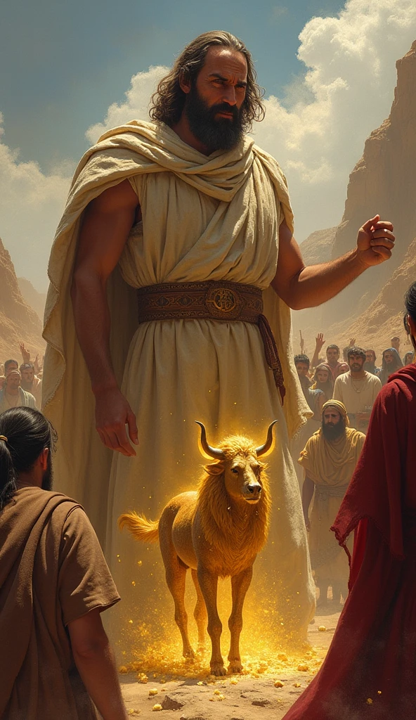 Moses&#39; Reaction to Seeing the Calf Capture the moment Moses comes down from the mountain and sees the worship of the golden calf. Show your anger and despair by breaking the tablets of the Law. The contrast between his fury and the people&#39;s celebration should be evident..