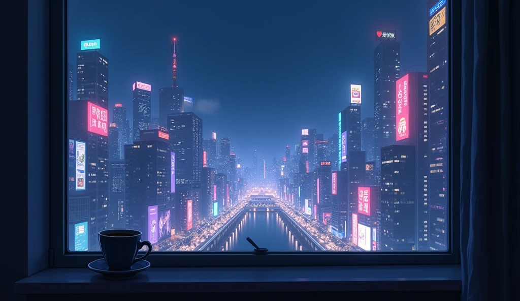 Outside the window is a neon city、night、Anime Style、coffee、Nobody is here、Makoto Shinkai style