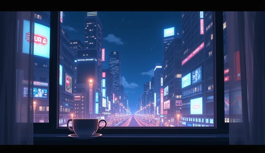 Outside the window is a neon city、night、Anime Style、coffee、Nobody is here、Makoto Shinkai style