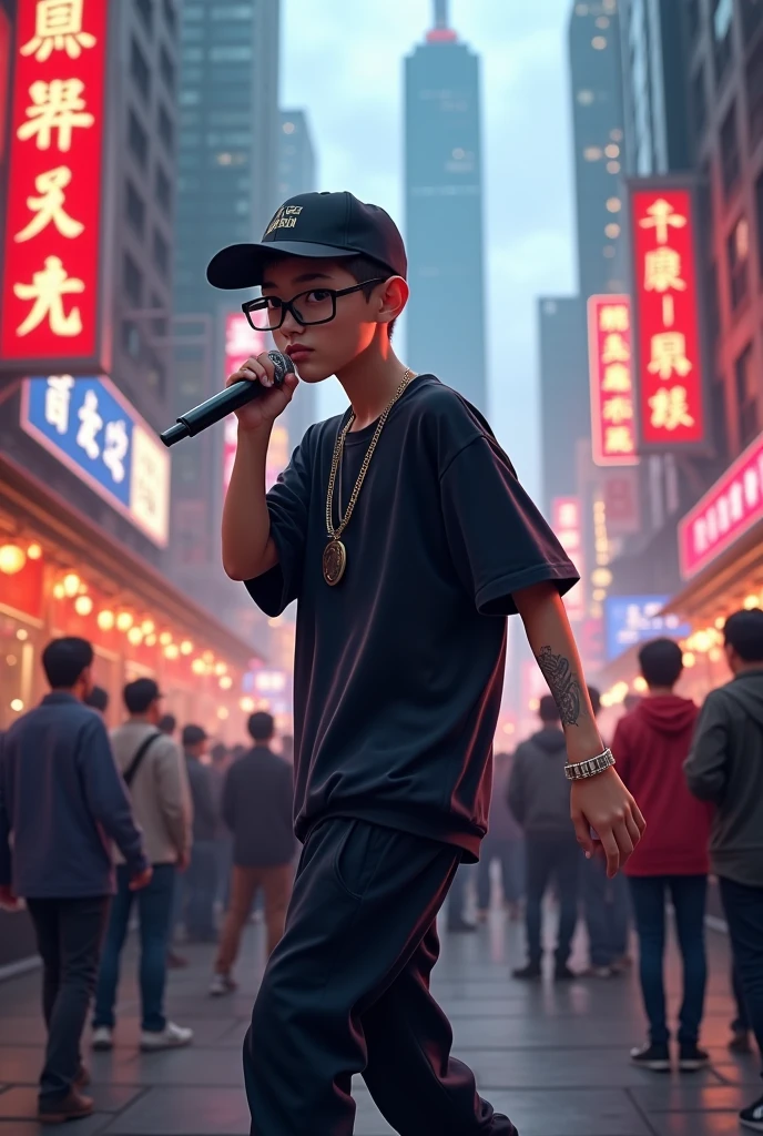 A cute rapper boy stand in Shanghai street wearing rapper style dress and black pant ,black glasses and holding mick in front of crowd ,look straight