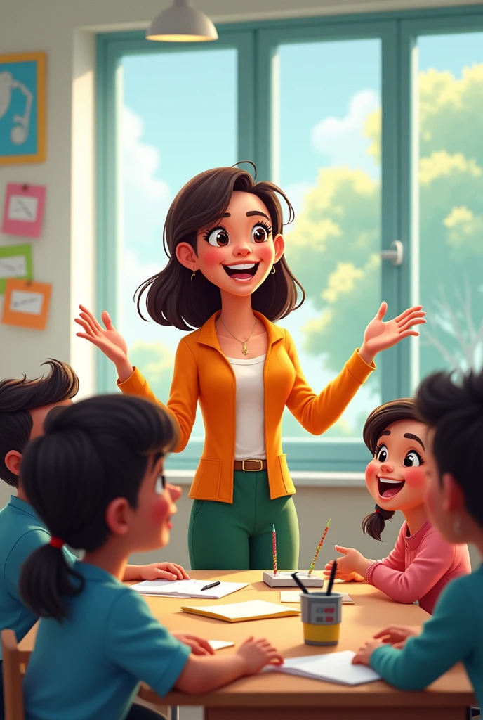 I want to create an image of an eastern pakistani beacon house school sytems female teacher, teaching AI to the students of class 8 with fun and laughter in a funny way . Show class and students too