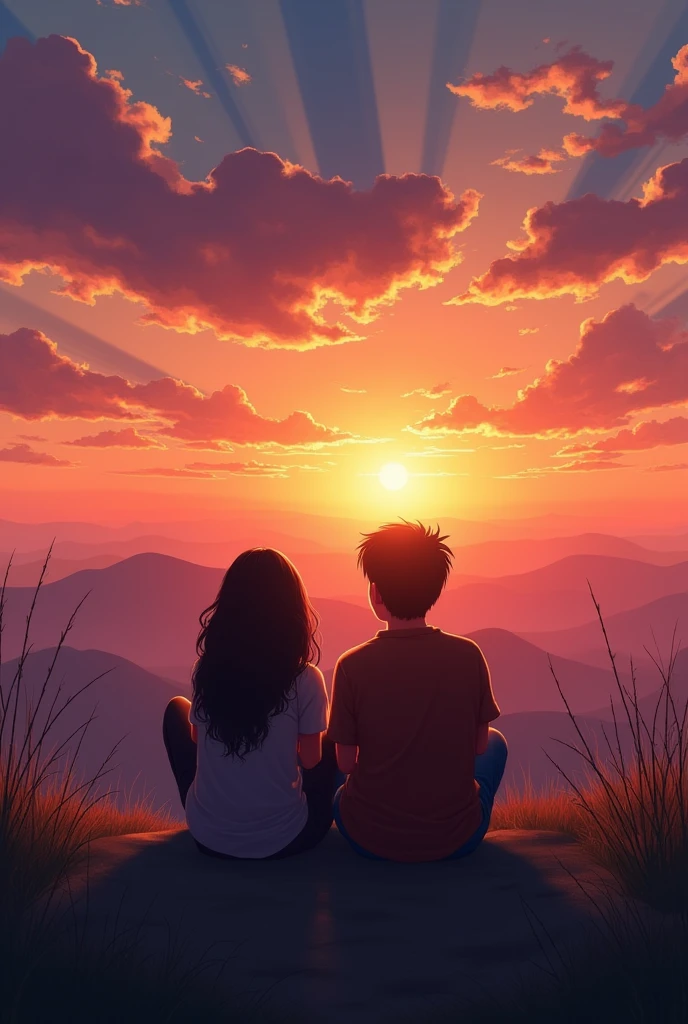 5. **Azaan and Pao Watching the Sunset:**
- Azaan and Pao sitting on a hilltop, gazing at the sunset. The sky is filled with shades of orange and pink, and they are close together, enjoying the serene moment.