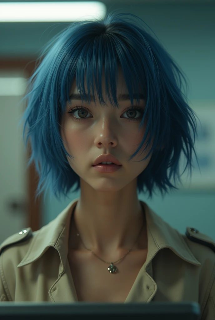 latina woman, blue hair and short french bob, a little messy, watching something. Not very pretty and not sexy at all, more nerdy