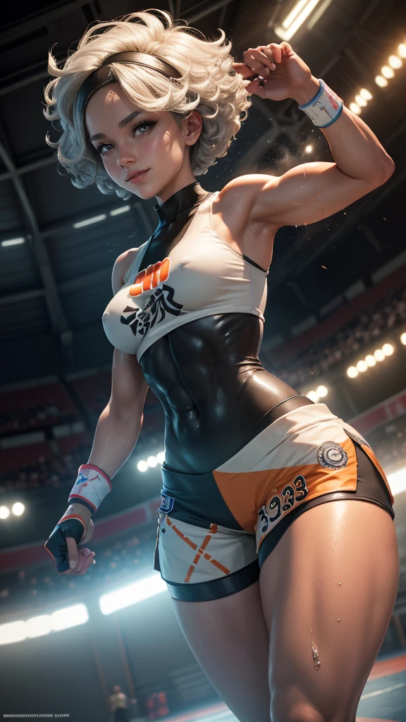 Bea da pokemon,(best qualityer,4K,8k,high resolution, work of art:1.2)(weather: windy), sport stadium background, short curly hair, gray hair, cropped shirt, micro shorts, thigh high stockings, headband, gloves, leotard, nipples, ultra detailed, realistic, beautiful detailed gray eyes, beautiful detailed lips, extremely detailed eye and face, long eyelashes, average, medium breasts, flying hair, beaming smile, powerful girl in a combat, karate stance, sweating, wet body, bright coloured, dramatic lighting,