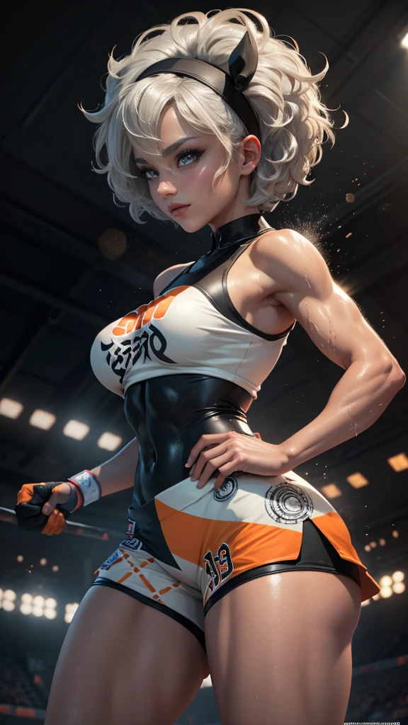 Bea da pokemon,(best qualityer,4K,8k,high resolution, work of art:1.2)(weather: windy), sport stadium background, short curly hair, gray hair, cropped shirt, micro shorts, thigh high stockings, headband, gloves, leotard, nipples, ultra detailed, realistic, beautiful detailed gray eyes, beautiful detailed lips, extremely detailed eye and face, long eyelashes, average, medium breasts, flying hair, beaming smile, powerful girl in a combat, karate stance, sweating, wet body, bright coloured, dramatic lighting,