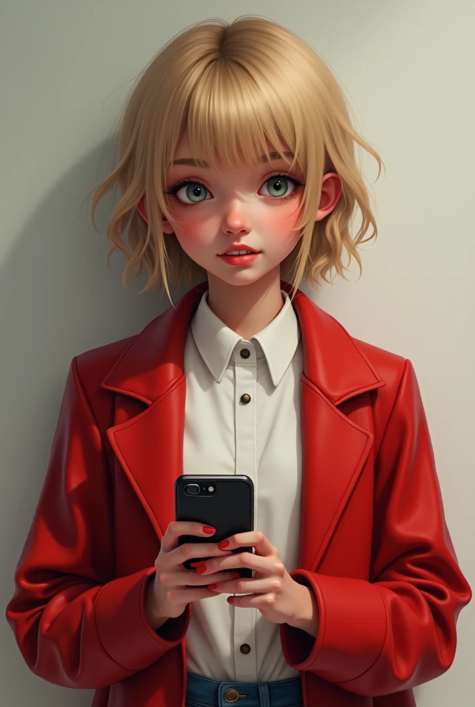 One with a red coat and white shirt with blonde, almost brown hair, light eyes slightly crooked teeth holding a cell phone 