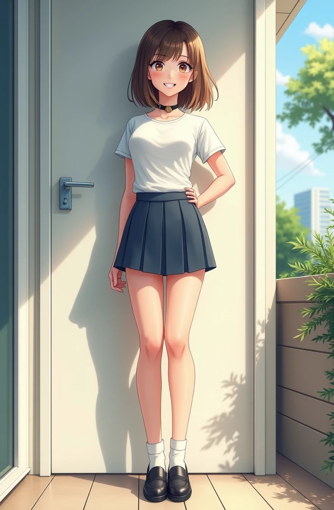 Female teenager wearing a t-shirt, mini skirt, white socks, and black loafers
