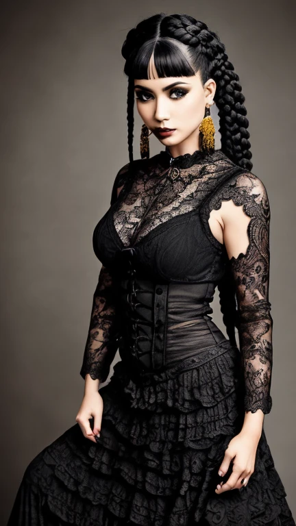 European forty year old tattoo model woman stands frontally in a dancing full body pose on a gothic style stage. European Woman looks directly into the camera. Woman wearing a flamenco dress made of lace and leather with high heels. Clothing color is black with yellow stitching. Woman's hairstyle is front with bangs and braids. Hair color is black and braids are yellow. The woman's face is realistic and clear and clearly visible. Woman has beautiful big eyes and full lips. Woman wears black lipstick. Facial expression is serious.