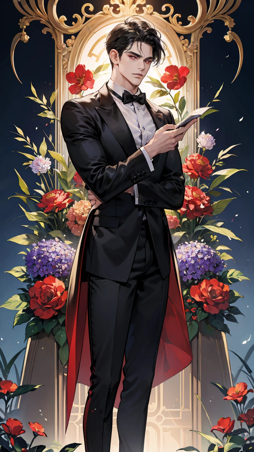 (absurdres, highres, ultra detailed), 1 very handsome man, short black hair with bangs over forehead, seductive red eyes, tall, muscular, square jaw, broad shoulders, black tuxedo suit, finely detailed eyes and detailed face, extremely detailed CG unity 8k wallpaper, intricate details, detailed background, {(garden background with lots of flowers with bright blue sky with sunlight)}, (imposing standing posture, smirking and sinister expression)