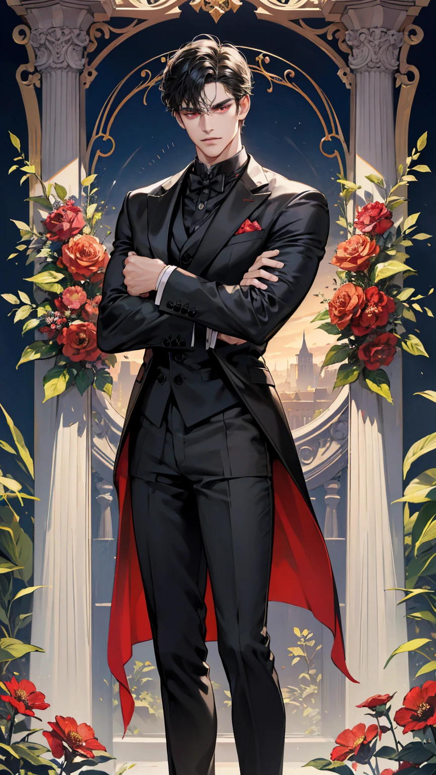 (absurdres, highres, ultra detailed), 1 very handsome man, short black hair with bangs over forehead, seductive red eyes, tall, muscular, square jaw, broad shoulders, black tuxedo suit, finely detailed eyes and detailed face, extremely detailed CG unity 8k wallpaper, intricate details, detailed background, {(garden background with lots of flowers with bright blue sky with sunlight)}, (imposing standing posture, smirking and sinister expression)