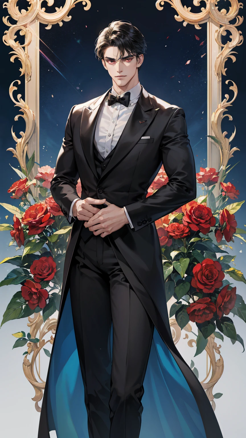 (absurdres, highres, ultra detailed), 1 very handsome man, short black hair with bangs over forehead, seductive red eyes, tall, muscular, square jaw, broad shoulders, black tuxedo suit, finely detailed eyes and detailed face, extremely detailed CG unity 8k wallpaper, intricate details, detailed background, {(garden background with lots of flowers with bright blue sky with sunlight)}, (imposing standing posture, smirking and sinister expression)