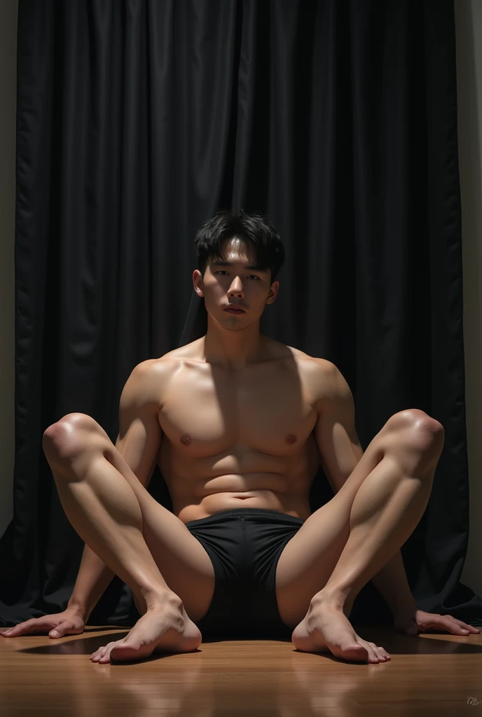 Arafed  25 Korean  man, white skin, muscular body, sitting on wooden floor of living room with black curtain curtains background. Legs are wide open with dick highlighted from gra lower. Both are are behind legs taking support from floor and hands are also wide open, black eyes. Make it the whole picture so much realistic.
