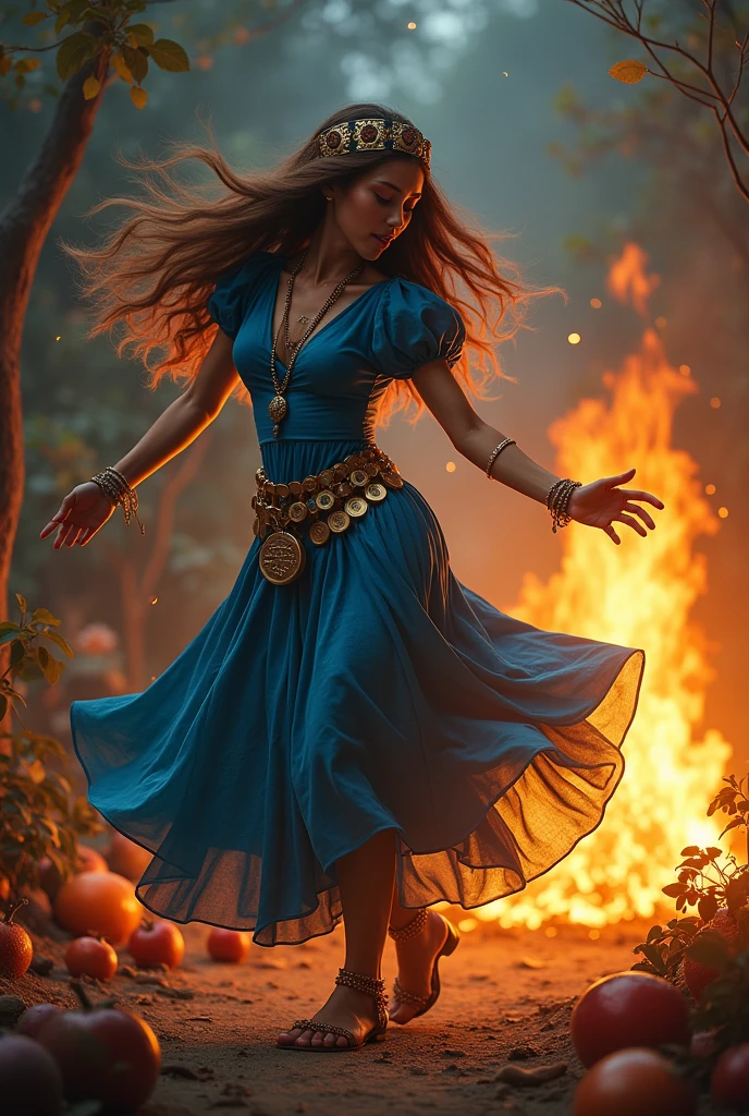Gypsy woman dancing in front of a bonfire with her long brown hair, wearing blue dress with coins and holding a tambourine near various fruits.