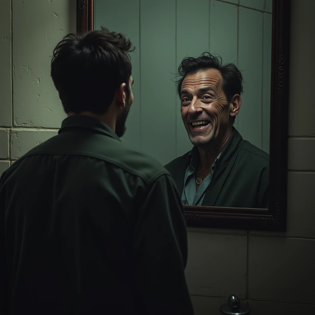 A frightened man stands with his back to the mirror, in which his reflection with an evil smile