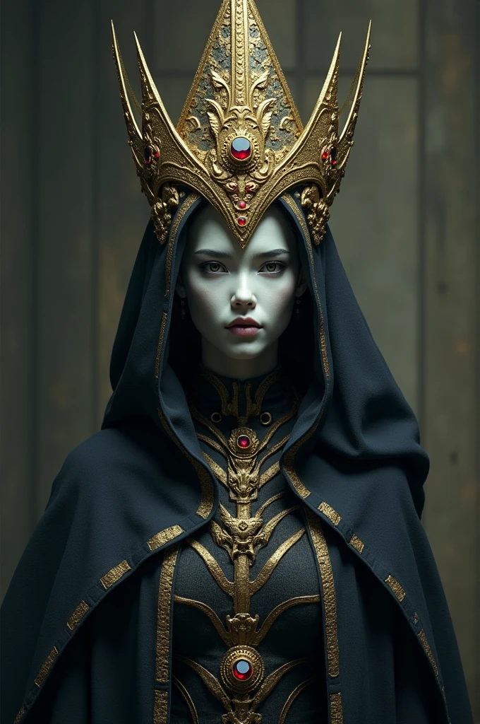 witch,dark souls,Youngh,large triangular gold crown filled with jewels,Bullish,slim,with porcelain face mask.