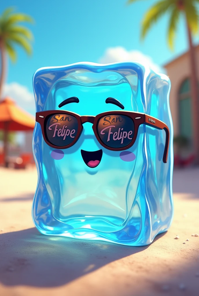 Animated ice cube wearing “San Felipe” branded glasses