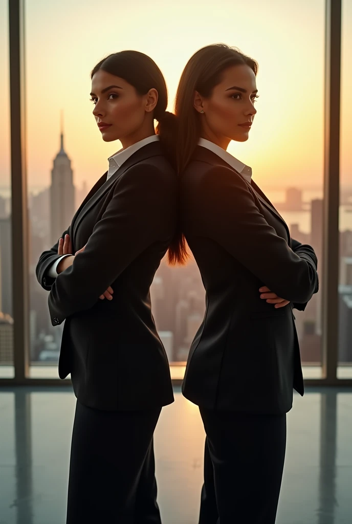 Businesswoman and businesswoman, back-to-back stance, confidence exuding from their posture, set against the backdrop of a modern office with expansive windows showcasing the city skyline, ambient light from the setting sun casting a warm glow over the scene, high-contrast shadows accentuating the crisp lines of their tailored suits, Royal Military Tailored Suit with a matte finish, interplay of soft and sharp focus, digital photography, a