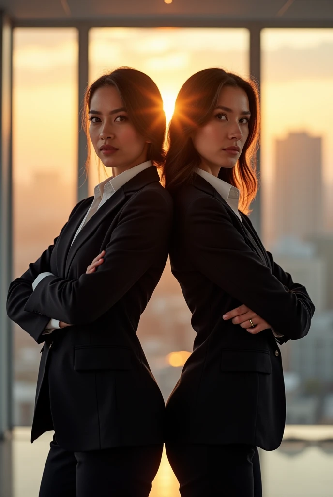 Businesswoman and businesswoman, back-to-back stance, confidence exuding from their posture, set against the backdrop of a modern office with expansive windows showcasing the city skyline, ambient light from the setting sun casting a warm glow over the scene, high-contrast shadows accentuating the crisp lines of their tailored suits, Royal Military Tailored Suit with a matte finish, interplay of soft and sharp focus, digital photography, a