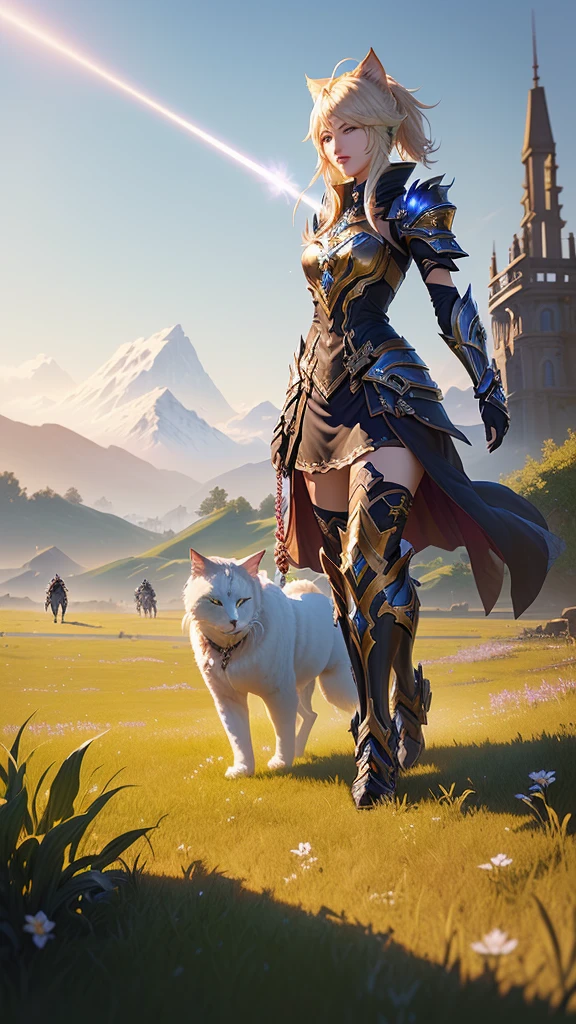 arafed image of two people with a dog and a cat in a field, lineage 2 revolution style, from ncsoft, from lineage 2, <mmorpgs scene, unreal engine render saint seiya, genshin impact style, nixeu and sakimichan, final fantasy 14 style, mage fighting a ghoul