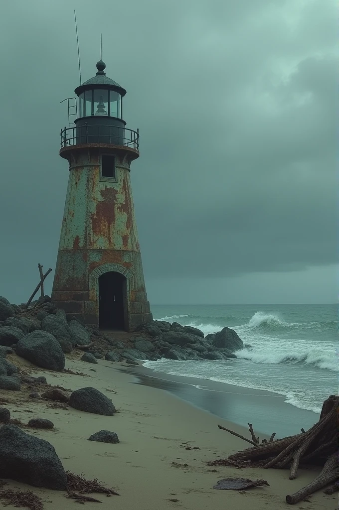 Create an image of a beach with a gloomy and cloudy atmosphere where there is an old and rusty fallen lighthouse on the seashore 