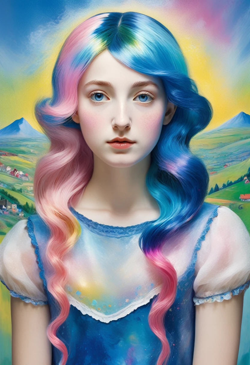 1 girl, (iridescent hair, colorful hair, half blue and half pink hair: 1.2), ((The glitch effect)) ((Marc Chagall style)), magic naive art, primitivism, protogen, ((best quality, Masterpiece)), ((Highest detail)), RAW:1,1, 8k