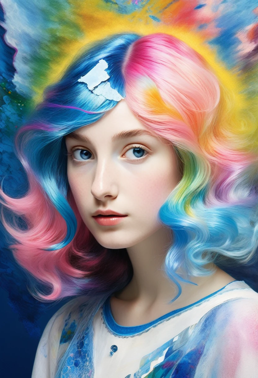 1 girl, (iridescent hair, colorful hair, half blue and half pink hair: 1.2), ((The glitch effect)) ((Marc Chagall style)), magic naive art, primitivism, protogen, ((best quality, Masterpiece)), ((Highest detail)), RAW:1,1, 8k