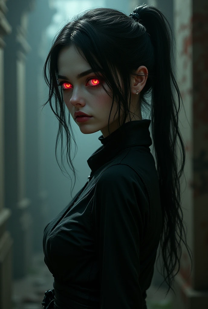 a vampire , pale skin, Red eyes, medium length black hair tied into a ponytail .