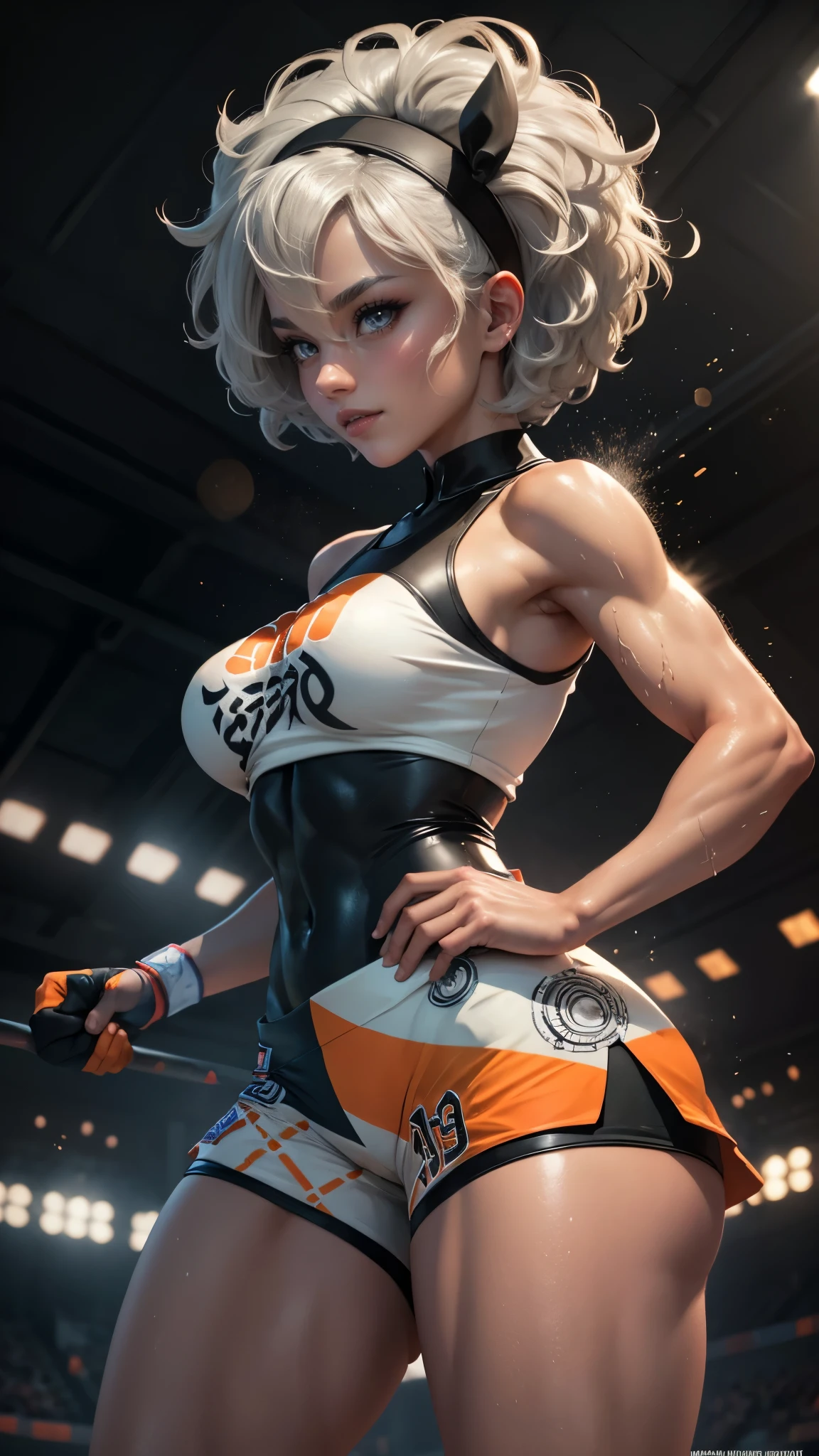 Bea da pokemon,(best qualityer,4K,8k,high resolution, work of art:1.2)(weather: windy), sport stadium background, short curly hair, gray hair, cropped shirt, micro shorts, thigh high stockings, headband, gloves, leotard, nipples, ultra detailed, realistic, beautiful detailed gray eyes, beautiful detailed lips, extremely detailed eye and face, long eyelashes, average, large breasts, flying hair, beaming smile, powerful girl in a combat, karate stance, wet body, bright coloured, dramatic lighting,