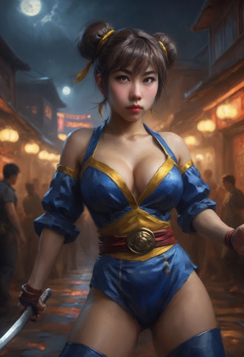 1 cute yuna, sexy chun li outfit, is in a fighting stance ready to face zombies and other terrible monsters, halloween night, view from low angle focused on her butt, (best quality,4k,8k,highres,masterpiece:1.2),ultra-detailed,(realistic,photorealistic,photo-realistic:1.37),HDR,UHD,studio lighting,ultra-fine painting,sharp focus,physically-based rendering,extreme detail description,professional,vivid colors,bokeh,dark fantasy,horror,action,battle,cinematic,dramatic lighting