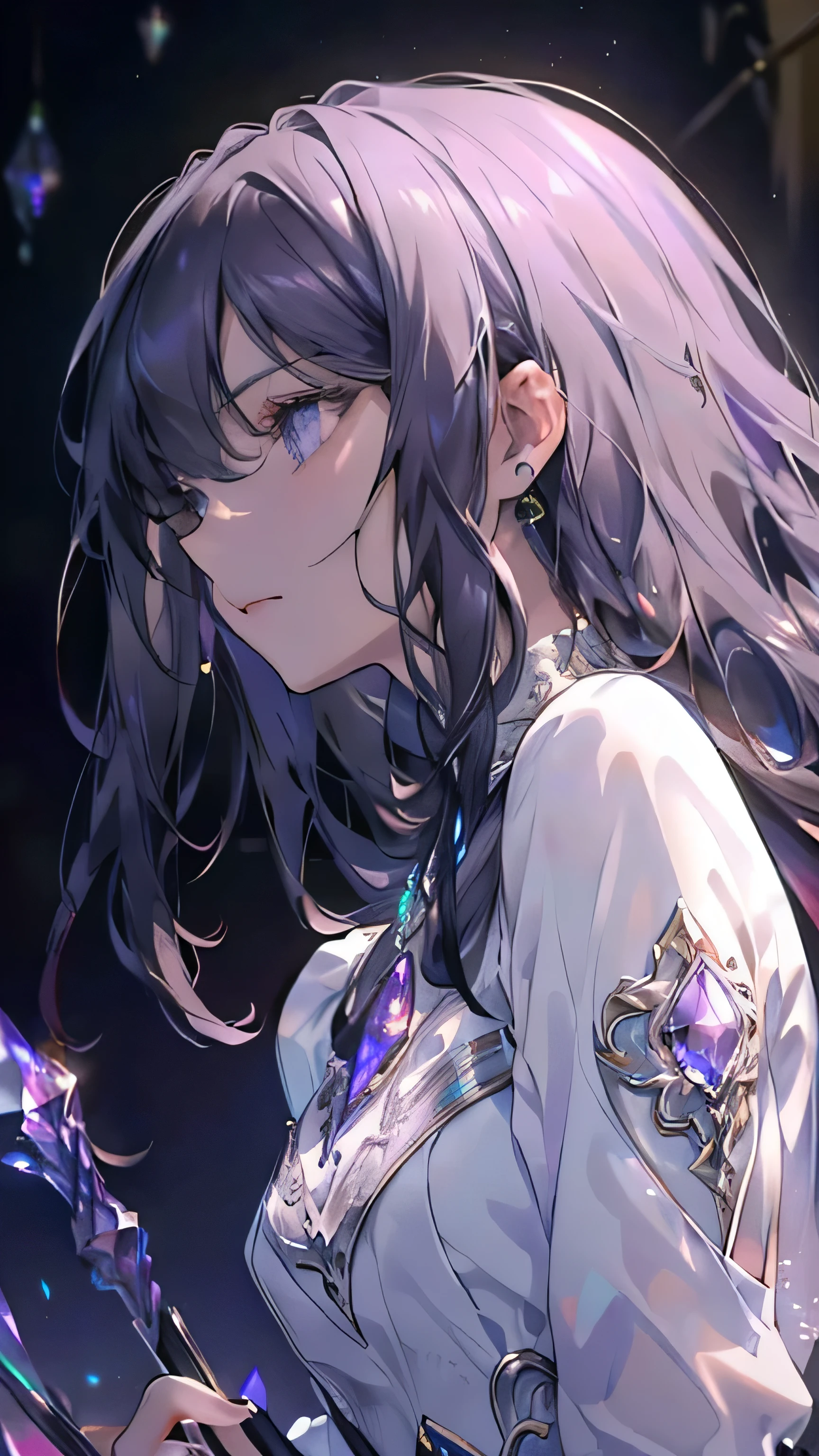 High definition RAW color art, Animation,sculptures, Silver Marble Skin, (((Ultra detailed elegant))), Magical atmosphere, (Detailed skin, Texture (Intricately detailed, Fine detail, ultra-detailliert), crimson moonlight, depth of fields, Bokeh, Silky Touch, Hyper Detail, Matte Drawing, sparkle effect, Monochrome background, ,dynamic カーテン, down-light, purple neon, beautiful eyes, elegant face, looking here, profile