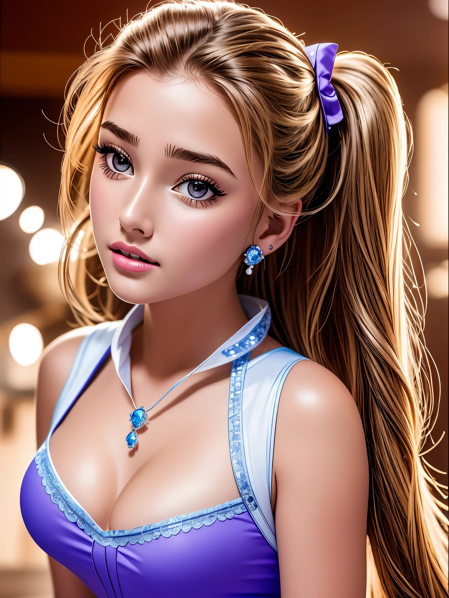 disneybelle, ponytail, extremely photogenic girl, (detailed lips:0.8), (detailed eyes:0.8), blush, front view, hourglass figure, (photorealistic:1.2), (8k, high quality, shot on Fujifilm X-T4, 85mm f1.2), textured skin, (wearing an intricate detailed purple dress:1.2), (in an elegant ballroom:0.8), (gigantic breasts:0.9), (sagging breasts:0.9), (from behind:1.2), hips, (looking at viewer:1.2)1 girl, High resolution, masterpiece, anatomically correct, Multiple awards, best quality, super detailed, uhd, textured skin, retina, Heart shaped earrings, Pout,V-shaped eyebrows, longeyelashes, Looking at the viewer,full body shot, big breasts, pink shiny lipgloss
