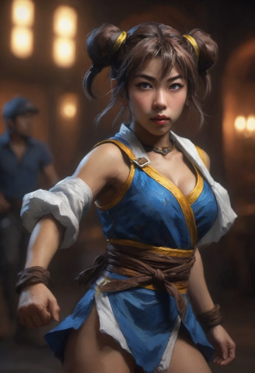1 cute yuna, sexy chun li outfit, is in a fighting stance ready to face zombies and other terrible monsters, halloween night, view from low angle focused on her butt, (best quality,4k,8k,highres,masterpiece:1.2),ultra-detailed,(realistic,photorealistic,photo-realistic:1.37),HDR,UHD,studio lighting,ultra-fine painting,sharp focus,physically-based rendering,extreme detail description,professional,vivid colors,bokeh,dark fantasy,horror,action,battle,cinematic,dramatic lighting