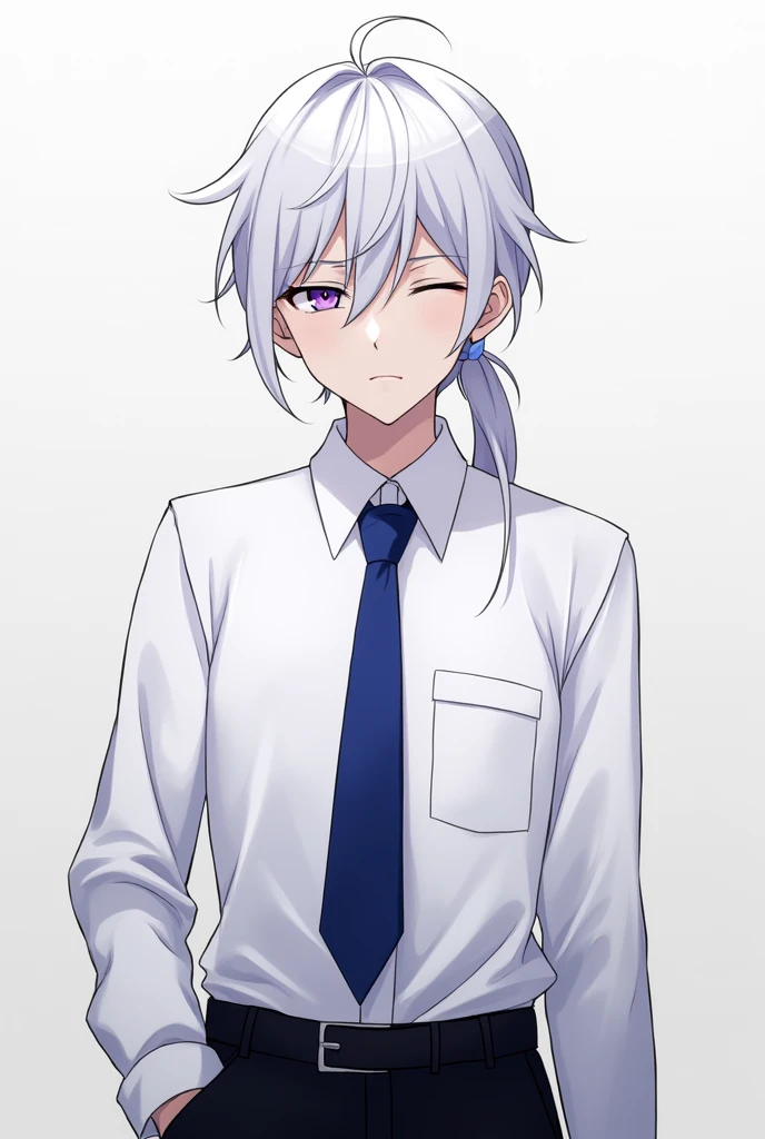 Create an image of a guy in anime style,with white hair and a small ponytail,the right eye has to be closed and the left eye has a purple iris,white dress shirt,blue tie and black pants,there must be a scar on the closed eye