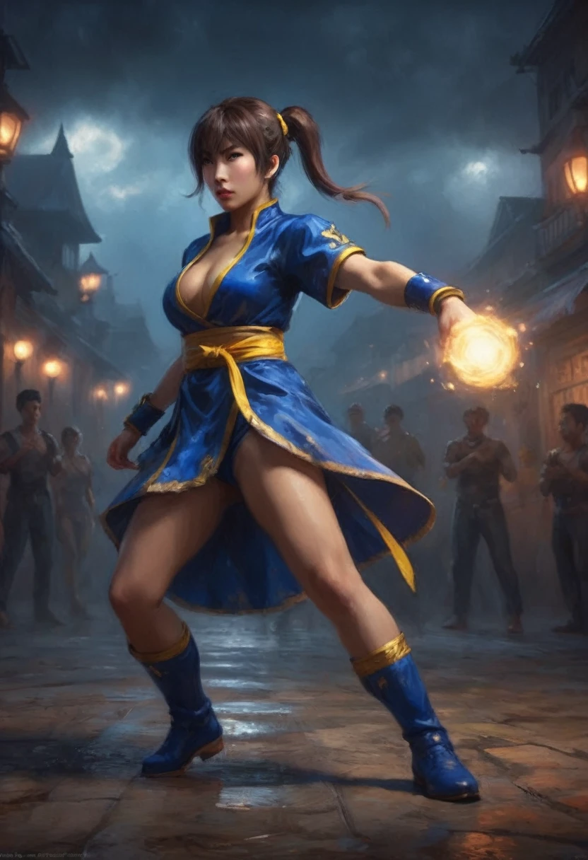 1 cute yuna, sexy chun li outfit, is in a fighting stance ready to face zombies and other terrible monsters, halloween night, view from low angle focused on her butt, (best quality,4k,8k,highres,masterpiece:1.2),ultra-detailed,(realistic,photorealistic,photo-realistic:1.37),HDR,UHD,studio lighting,ultra-fine painting,sharp focus,physically-based rendering,extreme detail description,professional,vivid colors,bokeh,dark fantasy,horror,action,battle,cinematic,dramatic lighting