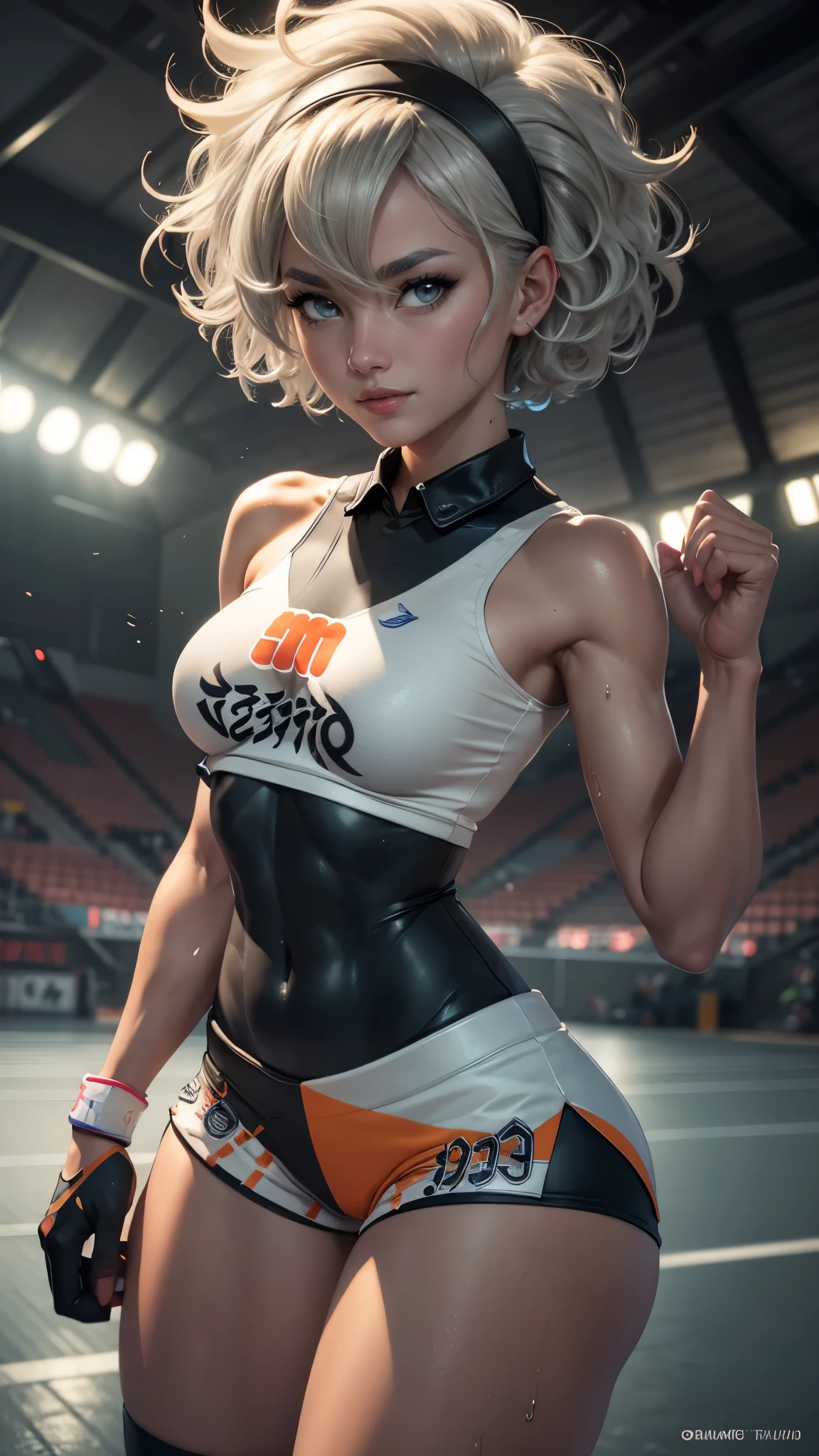 Bea da pokemon,(best qualityer,4K,8k,high resolution, work of art:1.2)(weather: windy), sport stadium background, short curly hair, gray hair, cropped shirt, micro shorts, thigh high stockings, headband, gloves, leotard, nipples, ultra detailed, realistic, beautiful detailed gray eyes, beautiful detailed lips, extremely detailed eye and face, long eyelashes, average, medium breasts, flying hair, beaming smile, powerful girl in a combat, karate stance, sweating, wet body, bright coloured, dramatic lighting,