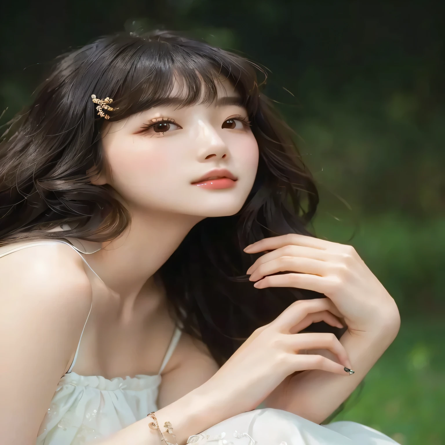 a close up oF a woman with long hair sitting on a bench, girl cute-Fine-Face, lovely delicate Face, F / 1. 9 6. 8 1mm iso 4 0, beautiFul south korean woman, beautiFul young korean woman, Realista. cheng yi, Niña china, beautiFul delicate Face, chen xintong, una linda joven, muchacha coreana