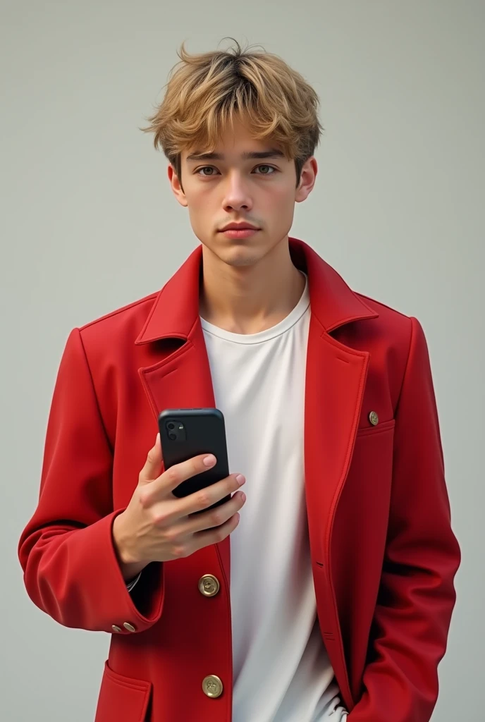Male character with red coat and white shirt with short blond almost brown hair, light eyes slightly crooked teeth holding a cell phone