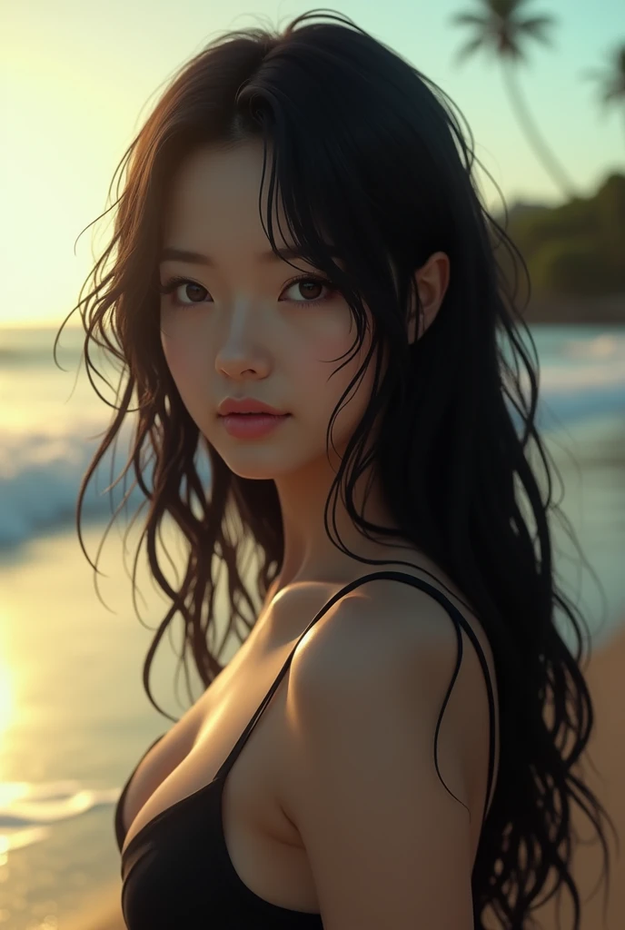 Jun natsukawa with dark long hair at beach