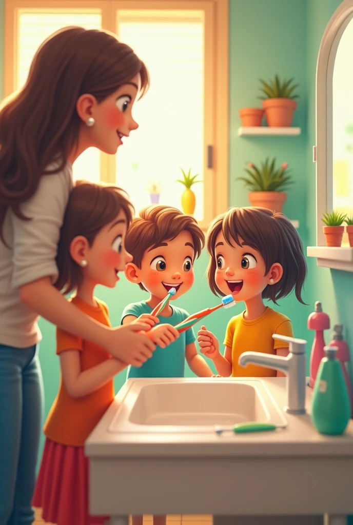 Children learning to brush their teeth