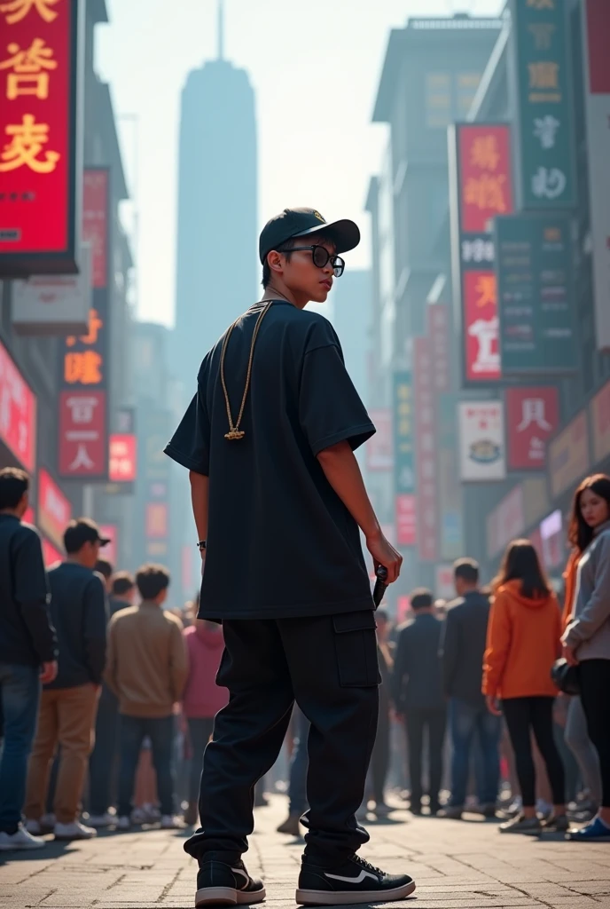 A cute rapper boy stand in Shanghai street wearing rapper style dress and black pant ,black glasses and holding mick in front of crowd ,look straight