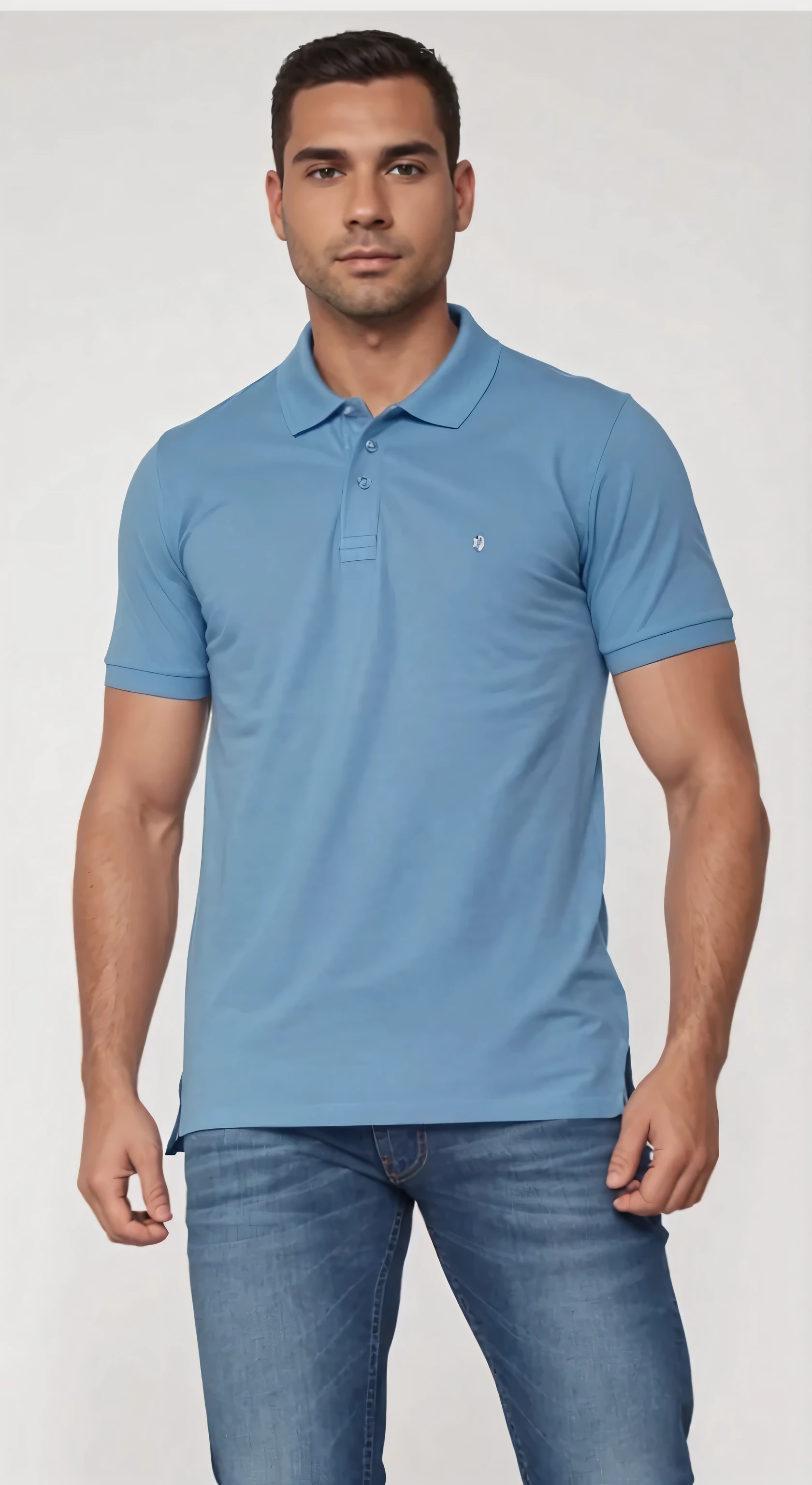 a man in a blue shirt and jeans posing for a picture, wearing a dark blue polo shirt, wearing polo shirt, in a dark teal polo shirt, wearing a light blue shirt, medium blue, blue clothing, blue shirt, sky blue, collared shirt, modern casual clothing, short sleeves, plain uniform sky, aqua, light-blue, blue, blue tight tshirt