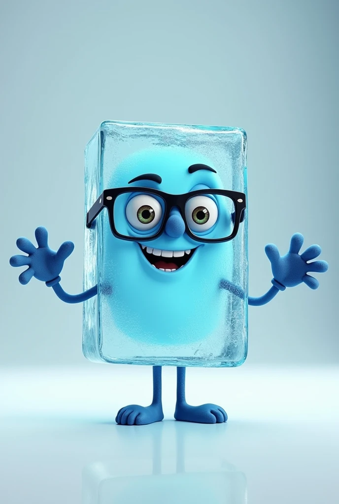 Animated ice cube with hands and feet, wearing glasses with the brand name “San Felipe”