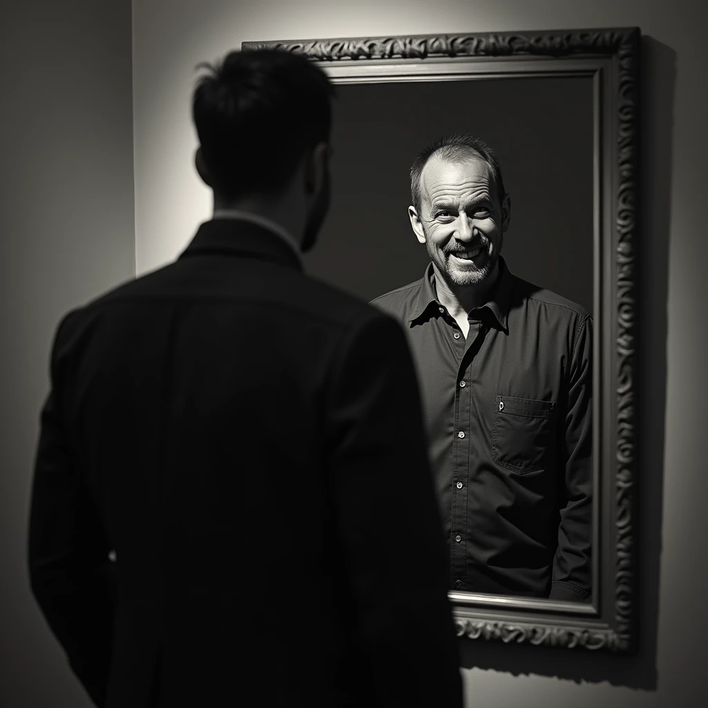 A frightened man stands with his back to the mirror, in which his reflection with an evil smile