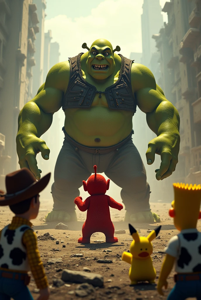 Image of an epic and fierce fight at the end of a post-apocalyptic world ruled by Mickey Mouse. That a Teletubbie is fighting to the death against the ogre Shruek. Let Woody from Toy Story watch with intrigue in the audience along with Bart Simpson and Pikachu.