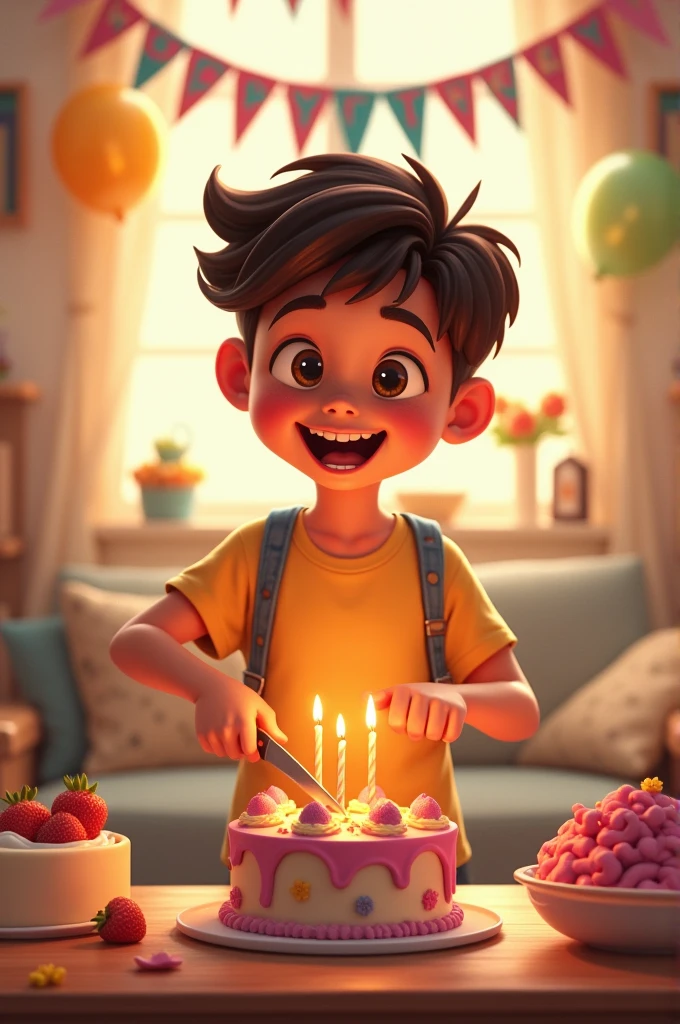 A boy have birthday he was cutting his birthday cack